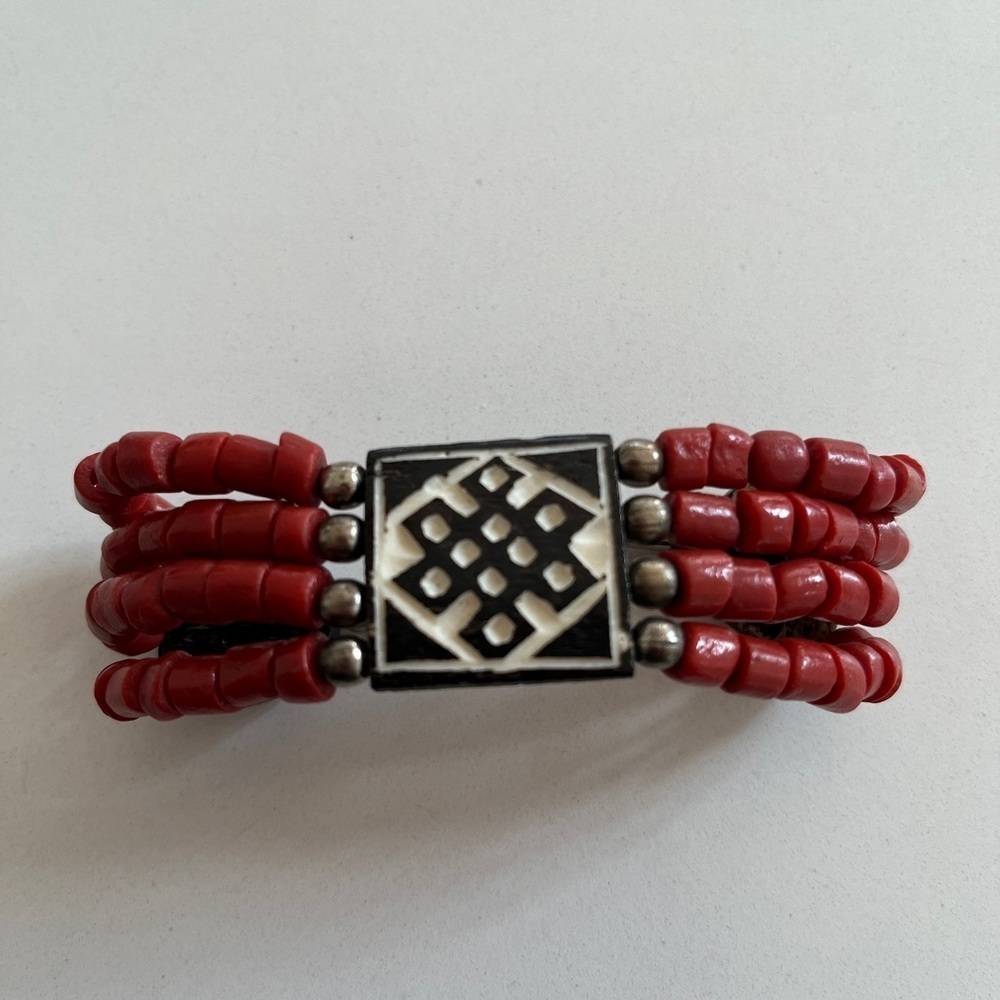 BRACELET Red Beaded Silver Tone and Wood Accents Chunky Tribal Boho Western